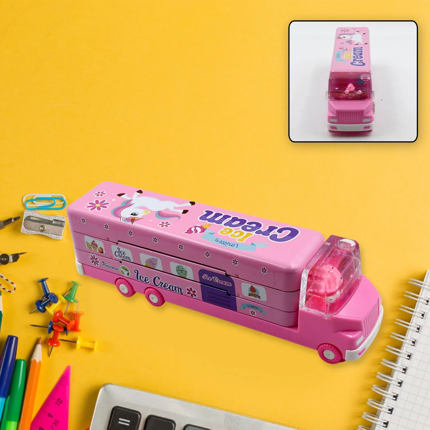 4568 Double Decker Magic Truck Compass Multi Level Metal Truck Compass Pencil Case with Movable Wheels & Sharpener (Mix Design)